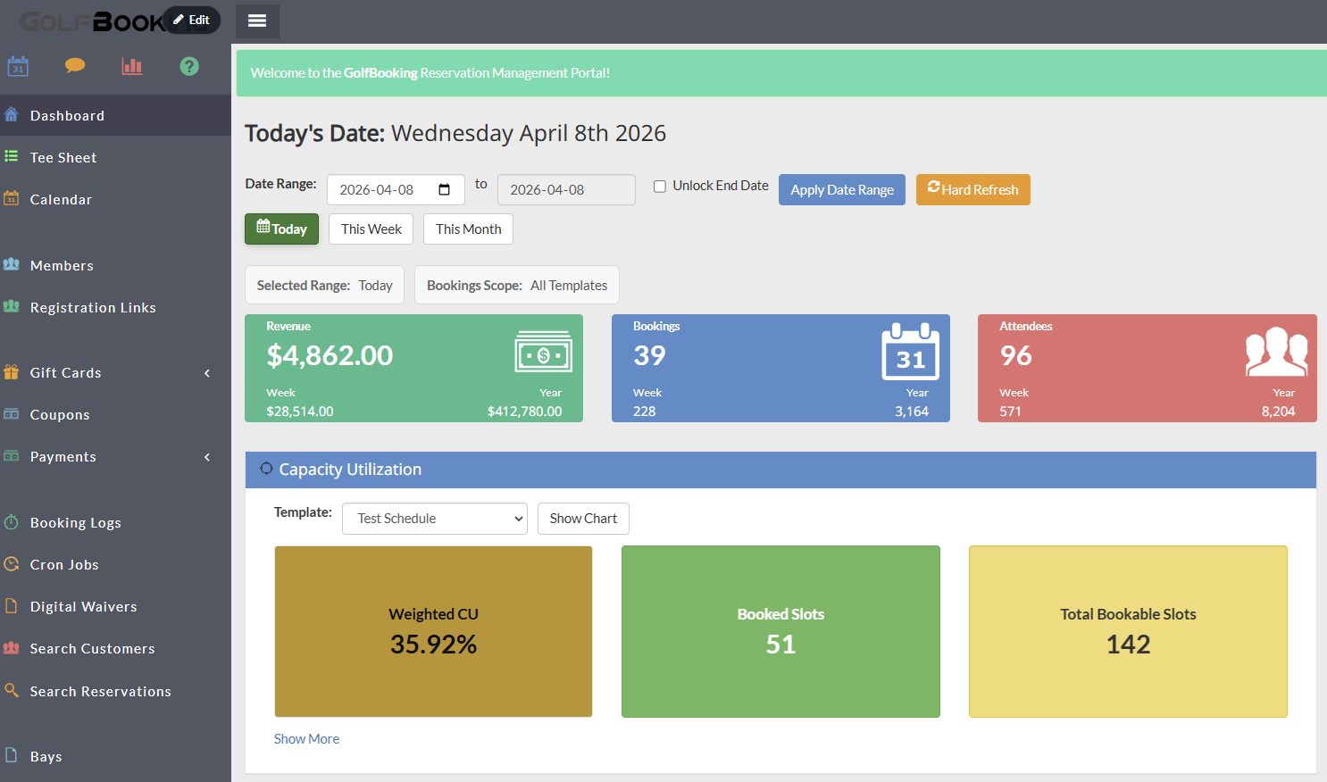 GolfBooking daily operations screenshot