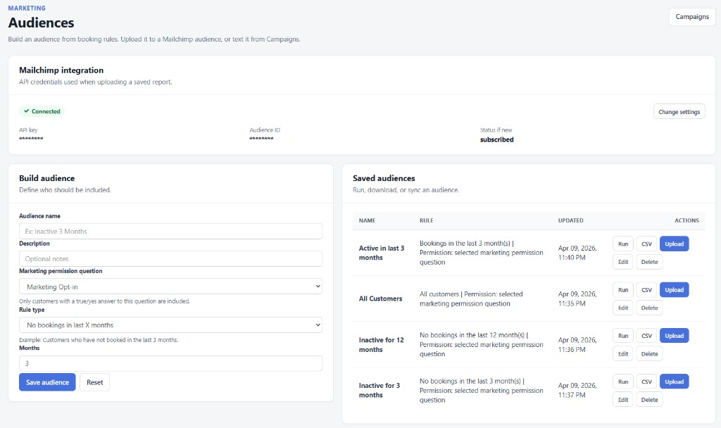 GolfBooking audiences with a connected Mailchimp account and saved customer lists
