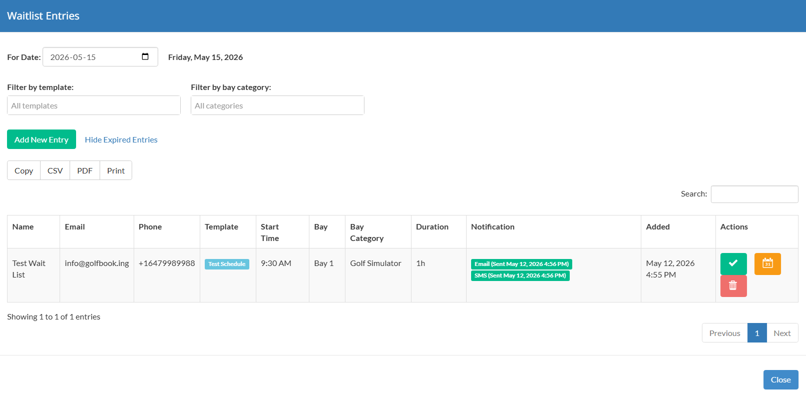 GolfBooking admin waiting list screenshot